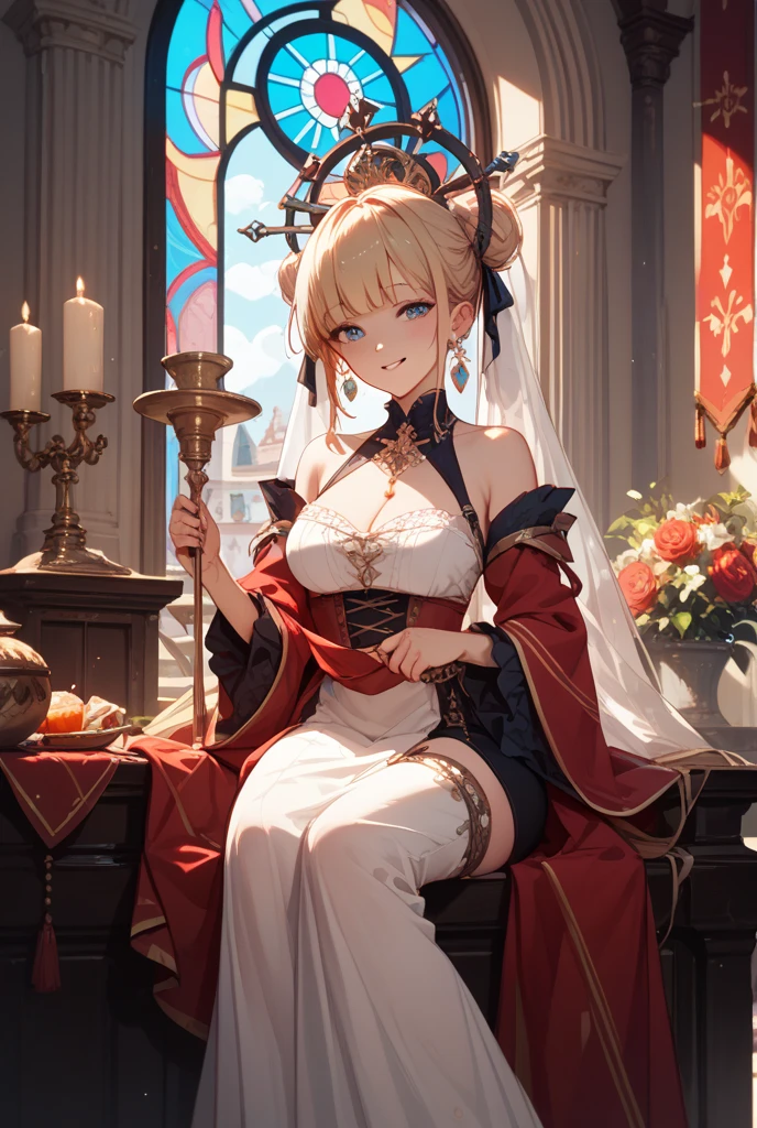 FGO drawing, Female Gilgamesh, Upper body and head, Looking up, Focus on the woman, Perfect woman, Solo woman, Long hair, Lightly twisting the hair next to the ear, Blonde, Beautiful face, Crazy, Perfect hands, Red black eyes ,details,extremely detailed,8K quality,masterpiece,