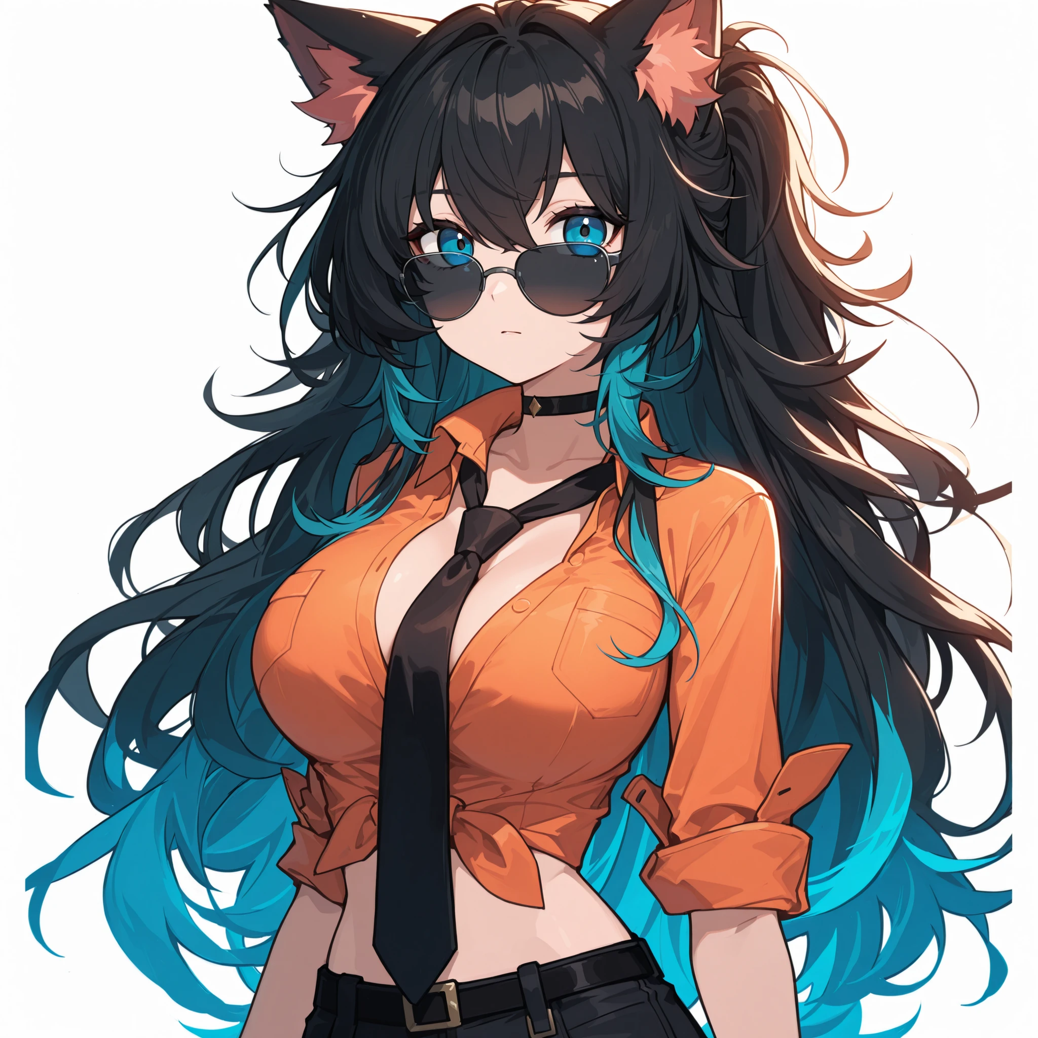 woman. cat ears, cat tail messy black long ponytail hair with blue gradient, blue eyes, orange dress shirt crop top open collar, digital anime style, zenless zone zero style