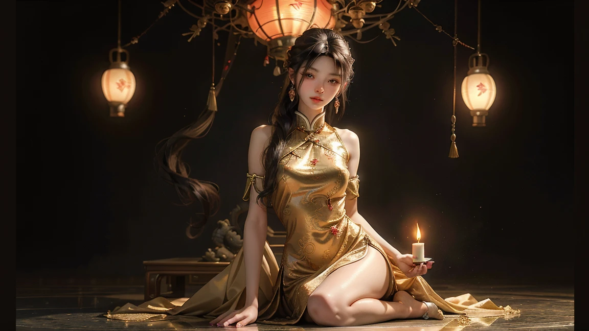 ((Best Quality, 8k, Masterpiece: 1.3)), Woman posing for photo, Super Detailed Face, Detailed Eyes, Double Eyelids, Big, Full Body, Transparent Bra, Shiny Gold, 1 8 Years Old, Erotic Cheongsam --auto --s2
