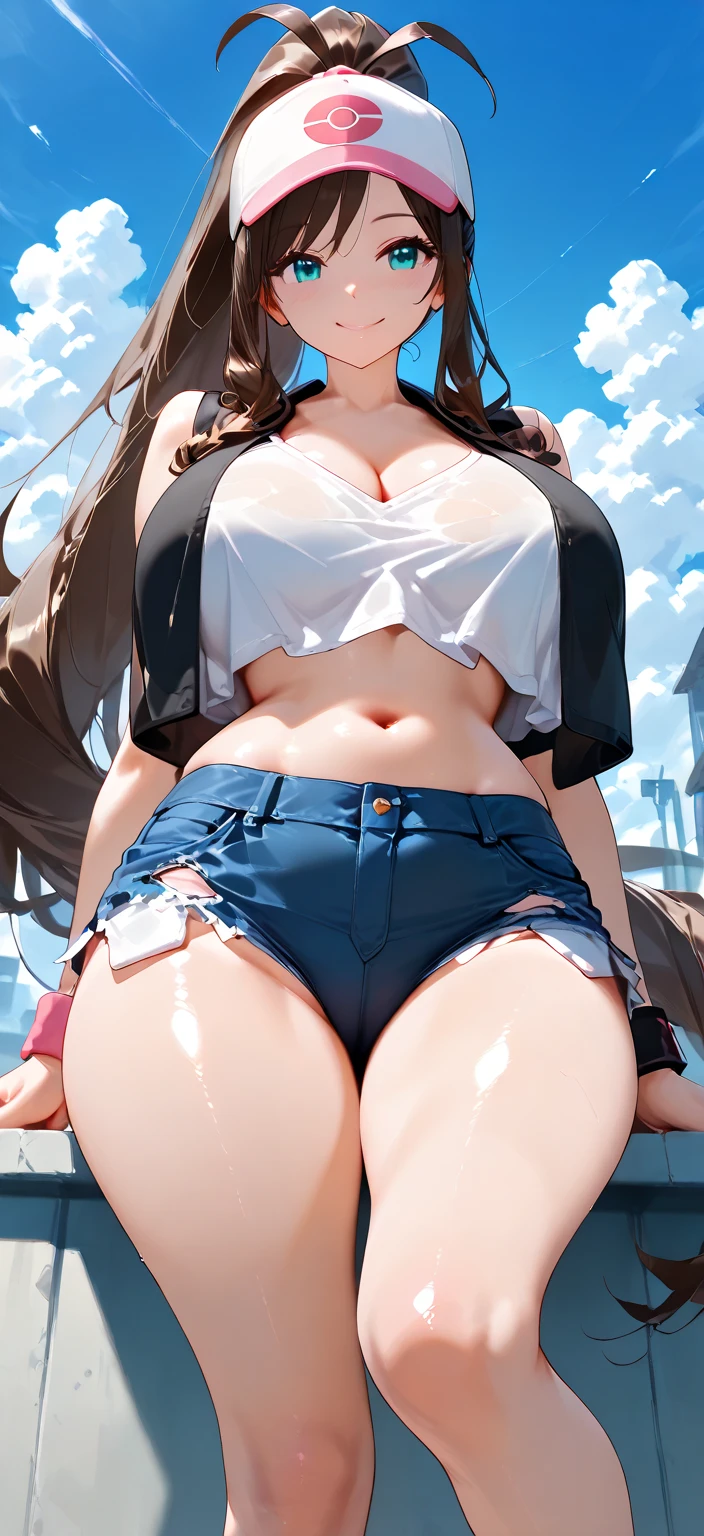 anime,Suguha Kirigaya,Viewed from the front,1female,Highly detailed face,Composition with emphasis on the chest,((Short-sleeved white sailor suit,Lower body naked)),Crop top,beautiful body,huge perky breasts,covered fluffy nipples,Incredibly thin waist,beautiful abs,