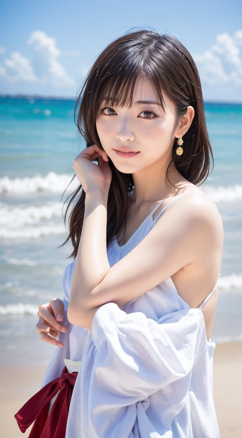 (RAW Photos: 1.2), (Realistic: 1.4), (highest quality: 1.4), Ultra-high resolution, (Fine Eyes),Nude Photos,Full body photo、Gravure photo,1. High school girl,(Large Breasts),You can see the chest、Black Hair,((White gathered blouse、pastel cardigan)),Bright Eyes,Blushing,smile,Highly detailed face and skin texture, Healthy Skin,(Beach),8K resolution