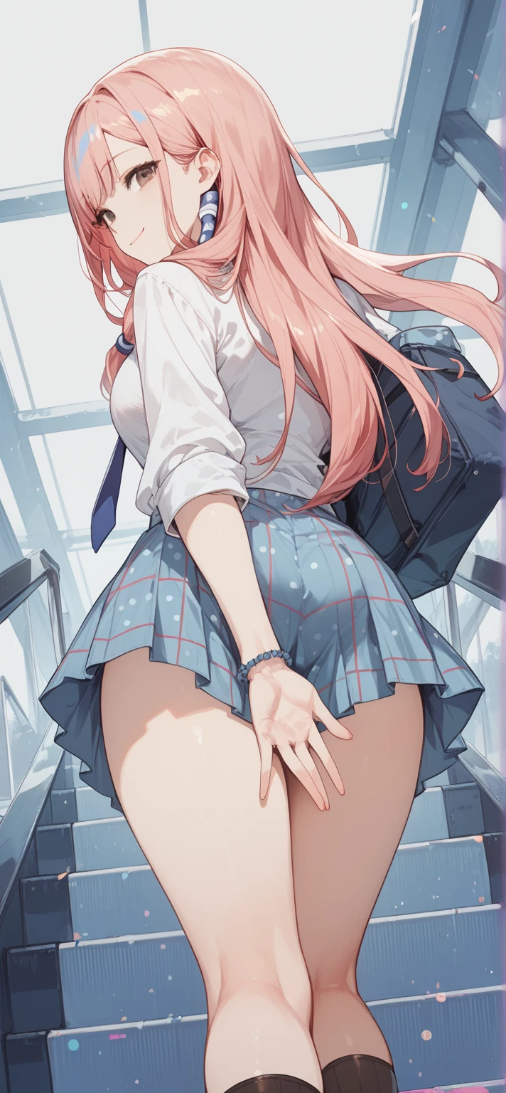 masterpiece, best quality,
view from behind, (view from below:1.7),
1girl, (summer , plaid mini skirt), (white panties:0.8),
purple hair, smile,
turn around, escalator,