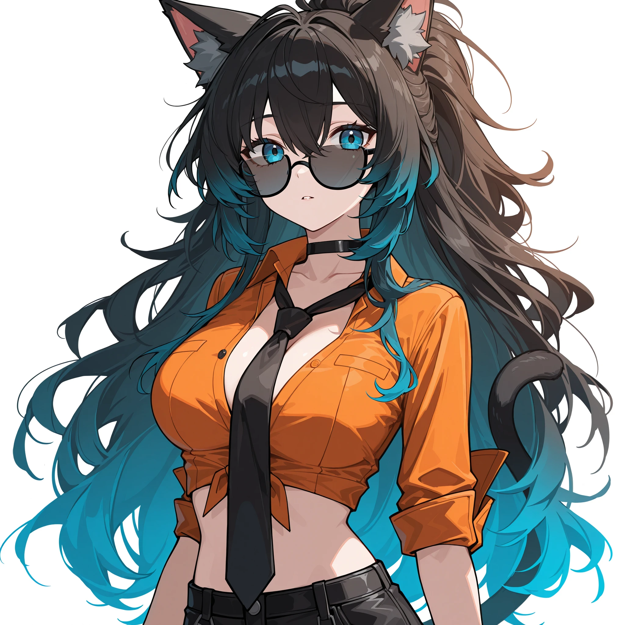 woman. cat ears, cat tail messy black long ponytail hair with blue gradient, blue eyes, orange dress shirt crop top open collar, digital anime style, zenless zone zero style