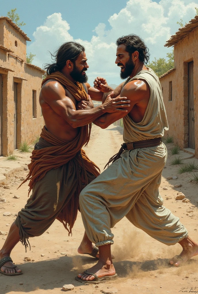 Two big, hairy, bearded, strong, muscular Persian policemen in police pants and shoes, wearing no shirt, open pants and belts showing white underwear, in a courtyard completely walled with a white wall, Sandy ground, a big tree in the background. Two boys sitting on the wall watching. Men sitting on the floor leaning against the wall in their underwear.