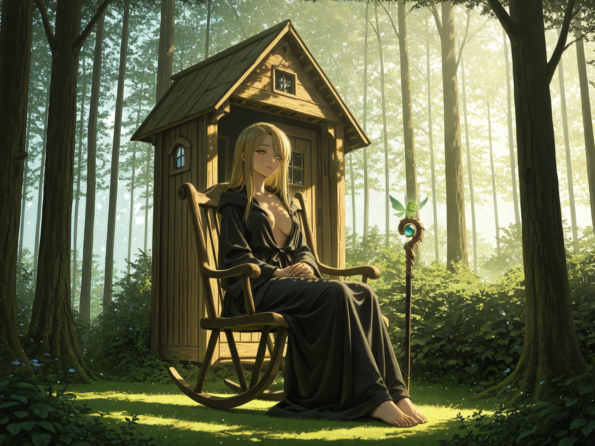 A retired witch sitting peacefully in a rocking chair in front of a small wooden cottage deep in a quiet forest. She is basking in gentle, dappled sunlight filtering through the trees. She wears a flowing, pitch-black robe that hints at her magical past. Her long, golden blonde hair flows down to her waist. She has heterochromatic eyes—her right eye is blue, and her left is green. Her slender fingers have long, pointed nails. A magical staff is leaning beside the front door of the cottage. Tiny fairies flutter about, harvesting vegetables from a garden nearby and flying playfully around the house. The scene is tranquil and enchanted, with a faint magical glow in the air. The woman appears to be in her 40s, elegant and calm. The atmosphere is warm, rustic, and serene, with elements of fantasy and quiet retirement. lighting soft natural sunlight, mood peaceful, magical, nostalgic