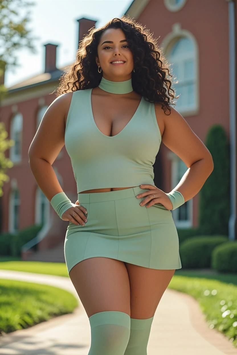 a hyper-realistic full body view photo of a young curvy plus size beautiful indian woman NIkita wearing SHEIN EZwear Low V-Cut Wide Waist Pleated Skirt standing Lauterbrunnen Valley, Switzerland - Sheer cliffs, lush green meadows, and cascading waterfalls, m-cup breasts, curvy plus size hourglass body, 22 years old, realistic, sexy,short brown hair, (hair tied with bows), curved, masterpiece