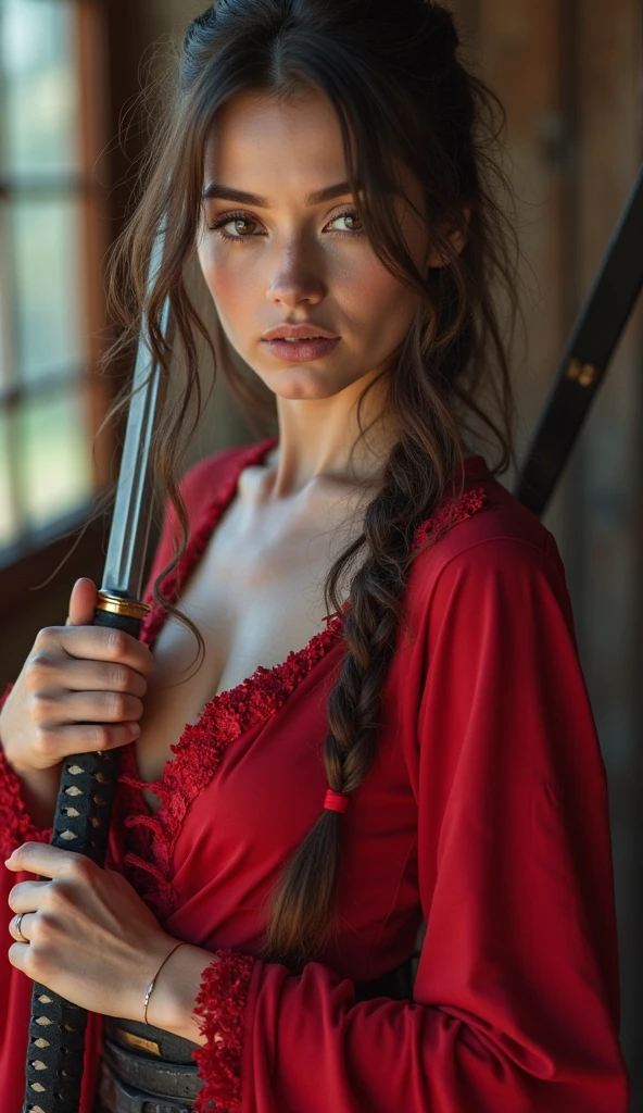 a bloody battle with the woman with ((his clothes torn and bloody)) thrusts a large sword ????????????? 