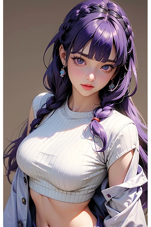 1 girl, slim head, 25 years old, south korean, idol, masterpiece, perfect face, soft skin, freckles under eyes, long soft fluffy purple hair, massive breast, shining purple eyes, red lips, natural makeup, red eyeliners, happy, big smile, leaning in for a kiss, kissing, pink earrings, gold necklase, off-shoulder sweater, soft white wool hat, facing the spectator, bright colors, portrait, hips-up, face focus.
