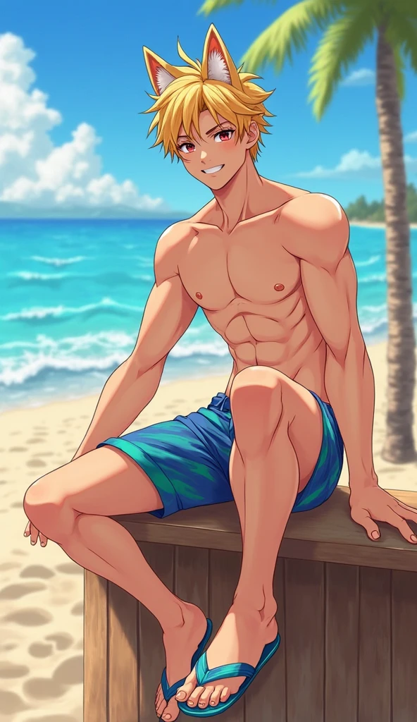 a 20 year old boy in the beach (short brown hair) (wearing red shorts) (shirtless)