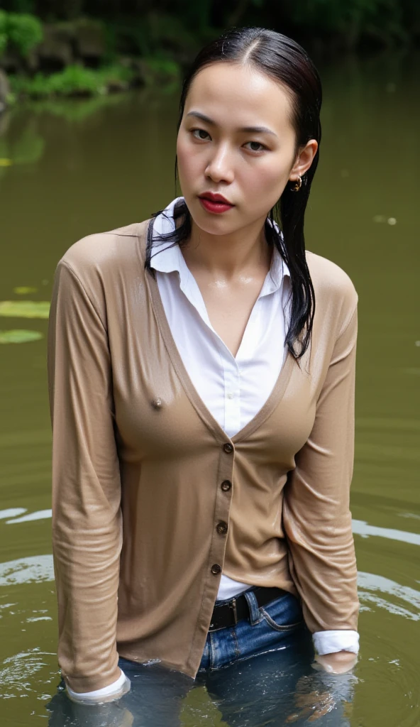 an Asian woman, wearing a short white shirt, short jeans, heavy rain, clothes wet with water, beautiful and detailed face, detailed skin, very realistic, HD, clear image quality,