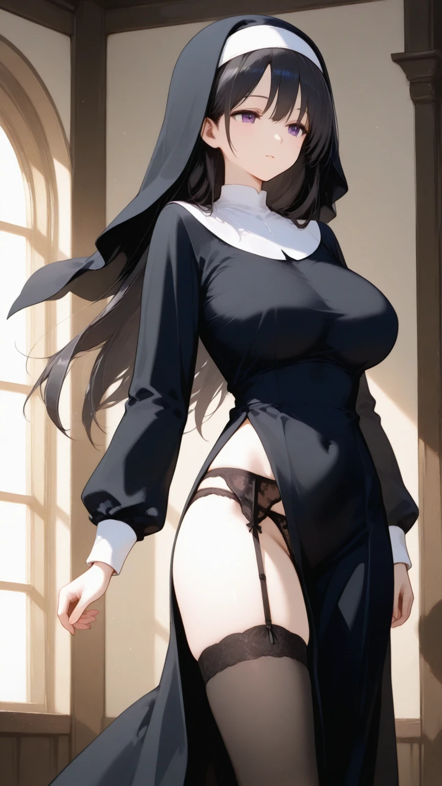 Manhwa style woman mature Nun in a black dress without panties lifting her and showing her vagina to a student hiding in the classroom, Slim, , , serious face