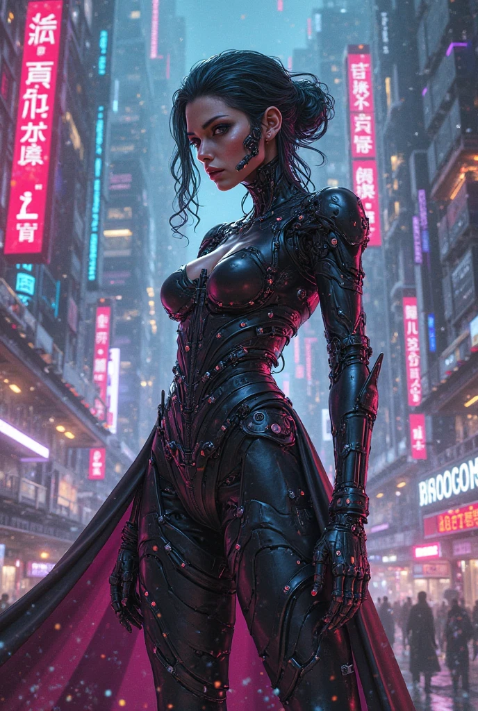 (best quality:1.3), (best performance:1.2), (best illustration:1.2), (Comic style:1.2), (artistic cinematic lighting:1.2) (1woman) wearing futuristic technological Cyberpunk electronic robes, her body is covered by metallic parts, in a cinematic horror movie background in a futuristic Cyberpunk city.