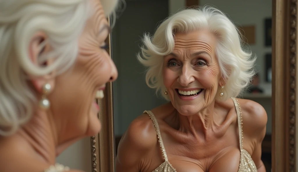 A realistic, photorealistic image of Felicidad, (a 80-year-old Finnish woman), (((white blonde and medium length hair))), smiling and seducing, ((taking a selfie inside the navy-blue bathroom)), (((round face))), (medium straight hair), ((nude and naked)), (breastbone)