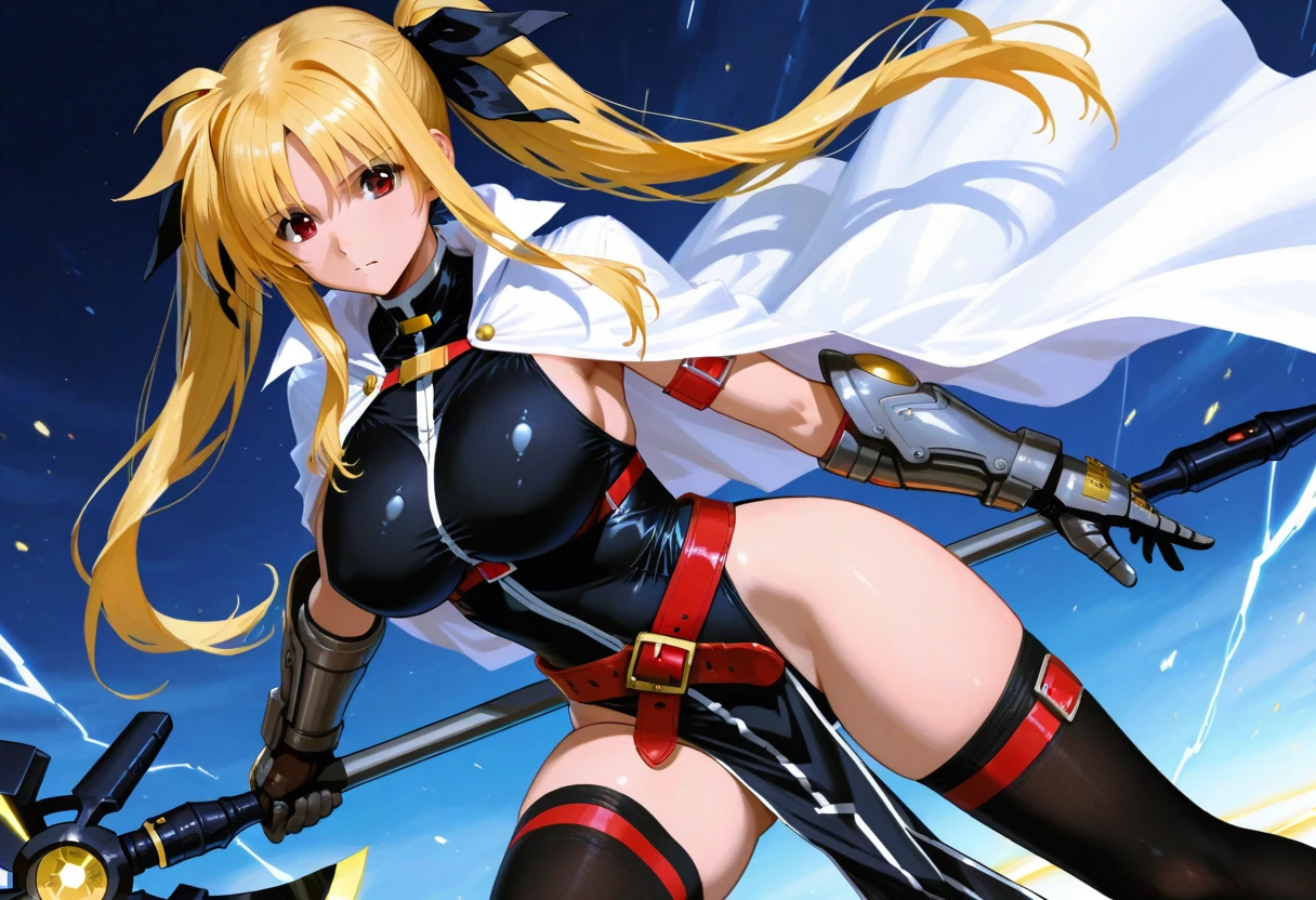 anime screencap, 1girl, solo, long hair, breasts, looking at viewer, bangs, blue eyes, blonde hair, large breasts, shirt, gloves, dress, holding, bare shoulders, medium breasts, closed mouth, white shirt, ponytail, weapon, boots, outdoors, detached sleeves, sky, sleeveless, day, black gloves, elbow gloves, pants, sword, cloud, dark skin, holding weapon, white dress, armor, dark-skinned female, blue sky, holding sword, chinese clothes, white footwear, gauntlets, serious, fighting stance, white pants, one knee, desert, dust