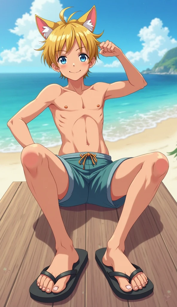 (masterpiece), ((sfw)), best quality, expressive eyes, perfect face, mature male, tanned, dark skinned male, (1boy, adult Man, young adult, young man), solo, red hair BREAK bob cut, green eyes BREAK male sweamwear, red shorts BREAK topless male, looking at viewer, smile, closed mouth, sunset sky, outdoors, coast, grass, landscape, ((sfw))
