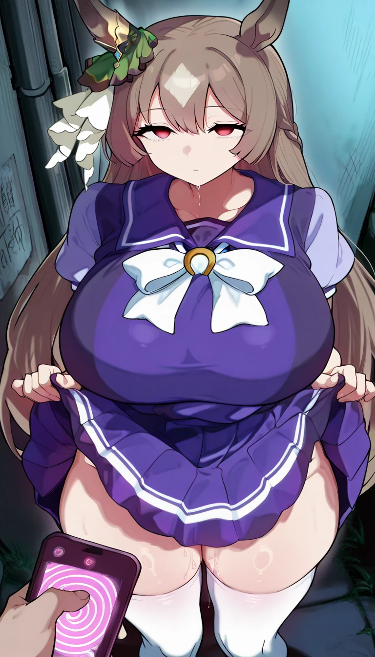 16k,1girl, Satono diamond \(umamusume\), umamusume,  yellow eyes,big breast,thick thighs, , sailor collar, bowtie, purple shirt, sailor shirt, short sleeves, white skirt, white thighhighs,arm up,armpit focus,breast focus,blush, light smile,half closed eyes,natural lighting, (masterpiece, best quality), detailed scenery,looking view,(heart in eyes,heart,Heart Eyes),pov,white background 