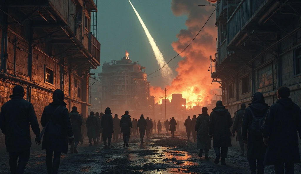 It depicts a world in the grip of war.。A dark sky over a big city in the background、Smoke rising from ruined buildings、A scene where part of the street is collapsing。The image shows flashes of explosions and fighter jets flying in the distance.、The sense of urgency is emphasized。The sky is cloudy、Overall, dark and cold colors dominate.。people々The figure of is depicted dimly like a shadow.、They are depicted only in silhouette, expressing fear and anxiety.。The overall atmosphere is heavy、The sense of danger lurking in the silence is emphasized.。