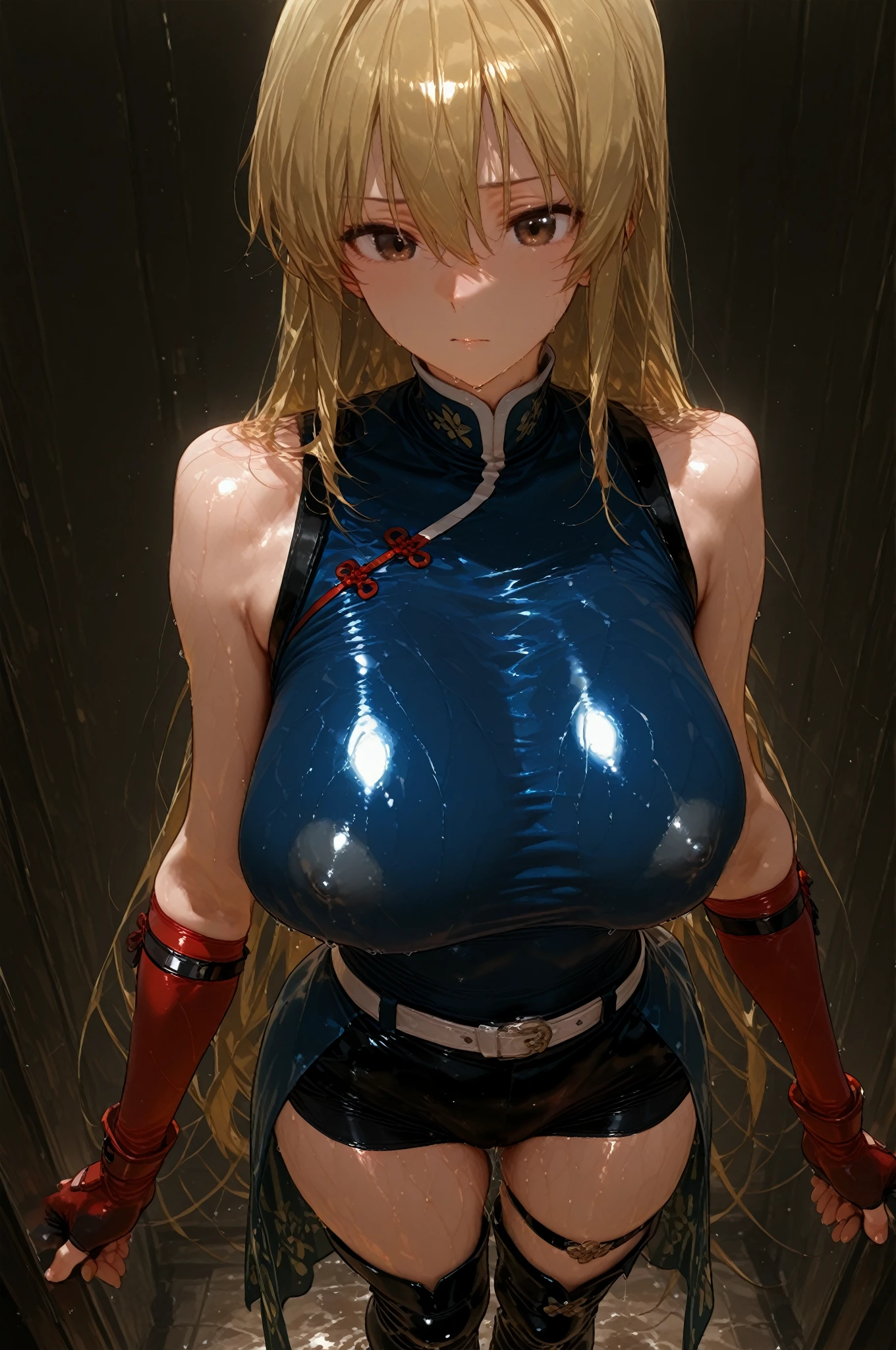 There are large patches of yellow transparent liquid on the legs，Liquid jetting，Liquid splash。is shy，Be red in the face，urine，exposing your navel，revealing breasts。torn outfit，Clothes were torn