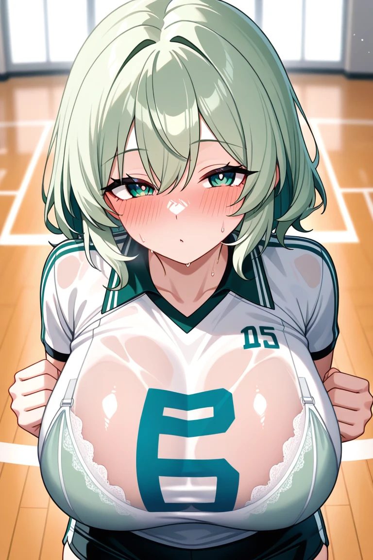 mastute piece,Best Quality,insanely detailed,8k cg,nsfw,
(shoot upper body:1.3),
(1girls:1.3),standing,looking at viewr,body in front,both arms behind back,(Volleyball Uniforms),(bare breasts:1.2),
break,
blush,shy,(ecstasy face),(trembling:1.2),break,(light green hair),
break,
perfect breasts,perfect teats,(open mouth:0.9),(large breasts:1.3),
(Volleyball court)、