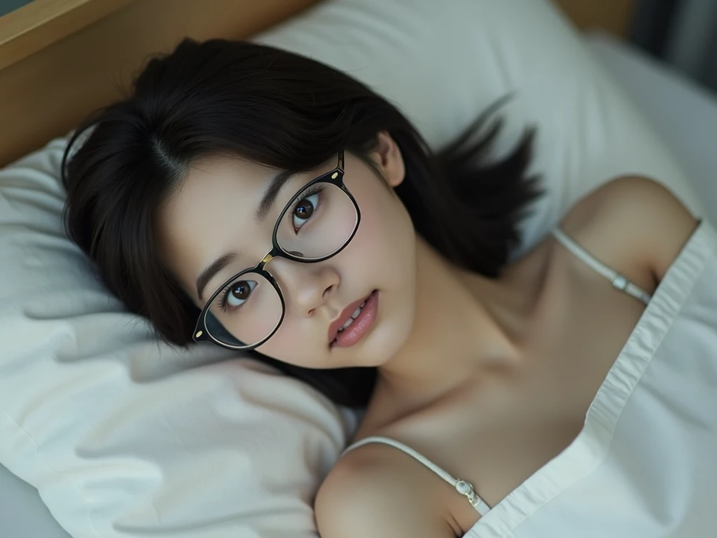 Beautiful young girl, 非常にBeautiful detailsな顔, (Slender body:1.4), (Detailed face:1.2), Conceptual Art, high quality, Realistic, Very detailed CG 統合 8k 壁紙, Very detailed, High resolution raw color photos, Professional photography, Cinematic Light, Beautiful details, Super detailed, Advanced Details, Depth of written boundary, Super stylish lighting, (Beautiful small chest:1.2), Smooth and flawless skin, Expressive and captivating eyes, Well-defined facial features, A perfectly balanced face, Fine Details and Realistic Textures，Hotel,(((Lie face up on the bed)))，Top view，Blurred Background,Sexy look，Glasses