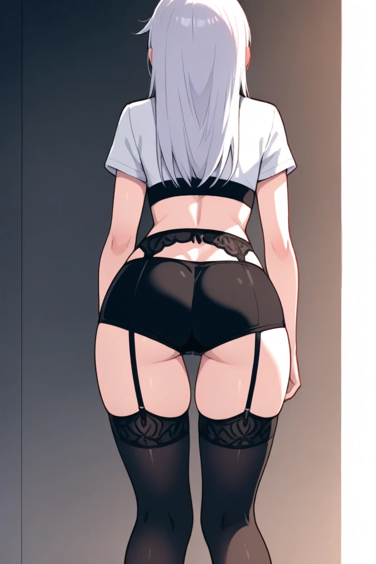 monochrome drawing, hatching, manga panel, impact frame, high detail, solo female, Nazuna, squatting, arched back, sensual pose, falling thong, skimpy clothes, looking away, neon room, pool, caustics, big ass, dat ass, big butt, wide hips, skinny girl, sheer sleeves, tulle skirt, sparkling skin, narrow waist, thin waist, small waist, big hips, big booty, big calves, detailed background, from above, from below, front view, reflected neon lights, caustics bounce light 