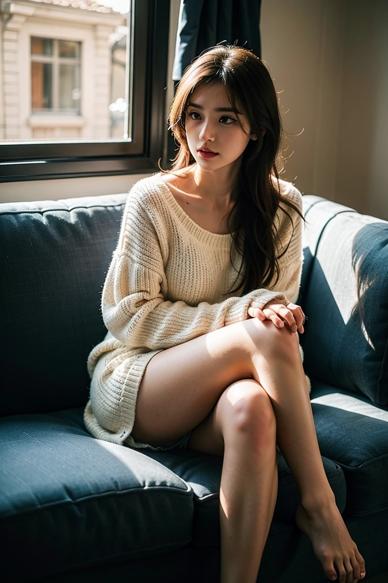 1girl,sitting on a cozy couch,crossing legs,soft light