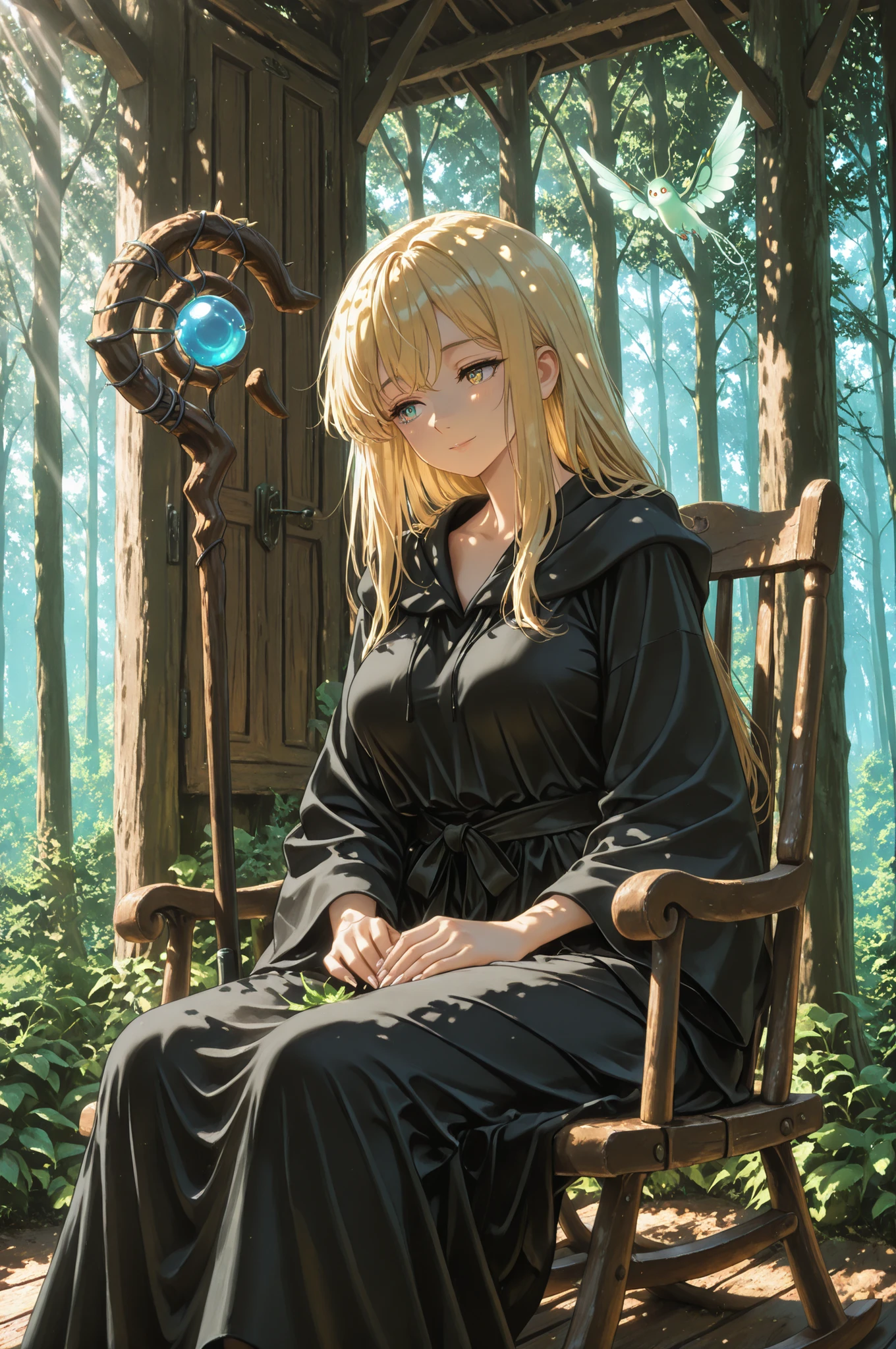 A retired witch sitting peacefully in a rocking chair in front of a small wooden cottage deep in a quiet forest. She is basking in gentle, dappled sunlight filtering through the trees. She wears a flowing, pitch-black robe that hints at her magical past. Her long, golden blonde hair flows down to her waist. She has heterochromatic eyes—her right eye is blue, and her left is green. Her slender fingers have long, pointed nails. A magical staff is leaning beside the front door of the cottage. Tiny fairies flutter about, harvesting vegetables from a garden nearby and flying playfully around the house. The scene is tranquil and enchanted, with a faint magical glow in the air. The woman appears to be in her 40s, elegant and calm. The atmosphere is warm, rustic, and serene, with elements of fantasy and quiet retirement. lighting soft natural sunlight, mood peaceful, magical, nostalgic