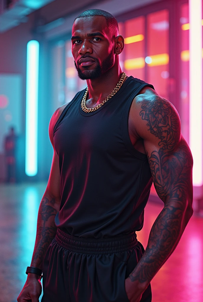 black man, buff, muscular, healthy, in his 30's, black bandana, gray trunk shirt, thin gold chain, beard, face front
