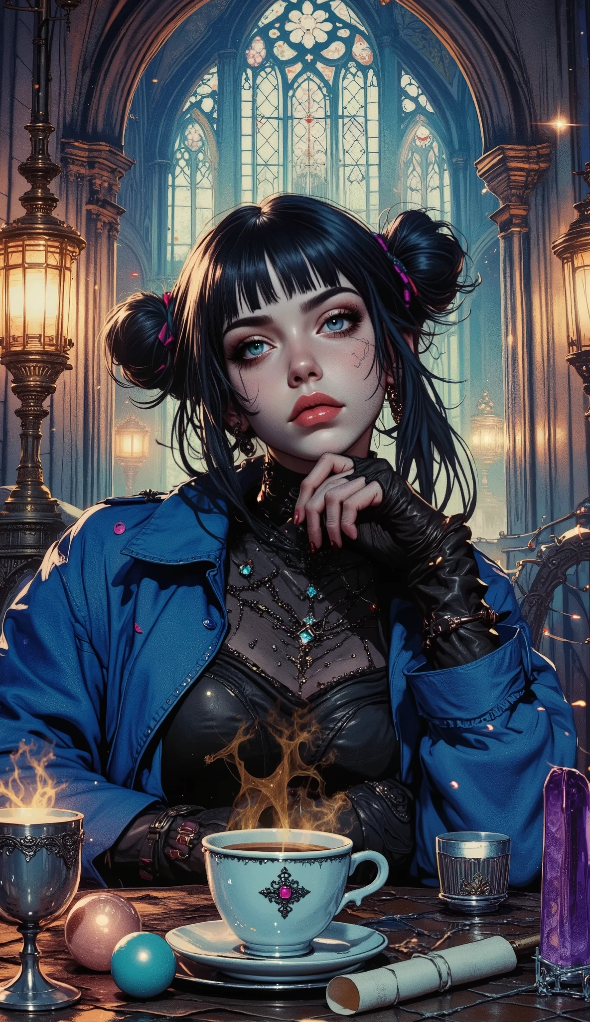 A highly detailed digital illustration depicting a cinematic scene in a Gothic fantasy style. In the center of attention is a young witch girl with pale skin and very light blue eyes. She has long, straight, shiny black hair gathered in two high buns, with a few loose strands framing her face. Her clothes combine elements of Gothic and punk: she is wearing a black cropped doublet decorated with colorful swirling patterns, and a bright blue raincoat with a high collar and metal inserts. Her expression is confident and slightly mischievous as she leans on her hand, resting her chin on her jeweled knuckles.
She is sitting at a table in the middle of a noisy magical landscape illuminated by gas lanterns, which shimmers with bright multicolored lights. The table is filled with various objects: a steaming cup of coffee, a silver goblet with wine, a roll of paper, sparkling crystal balls and lighted candles. Behind her, tall Gothic cathedrals with luminous arched windows are visible on a blurred background, which creates an overall dramatic atmosphere. The image is rich in texture, with sharp contrasts and bright colors typical of modern digital art styles.