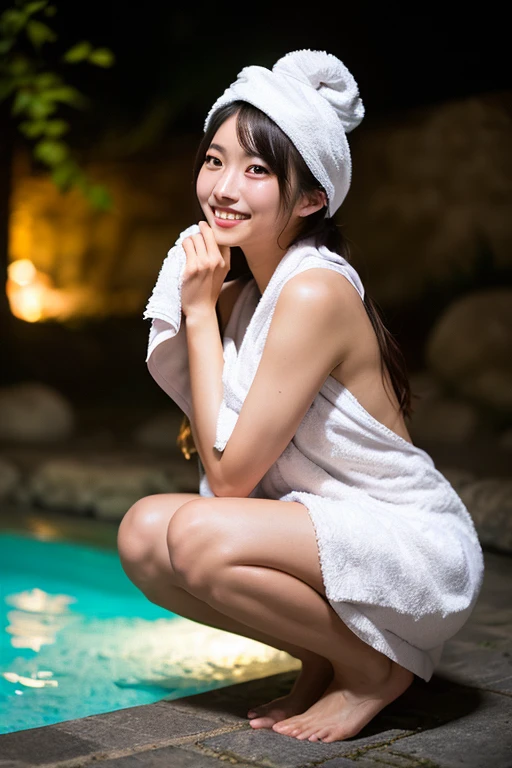 ((Top  Quality、8K、巨作:1.3))、(Realstic、photorealestic:1.37)、(phisically-based render、Emphasis on balance）、1 woman、smile on face、ful body、A full body shot、Photograph from the top of the head to the toes、Slightly slimmer face、Pretty women、Japan Women in the 32s、a beautifu、a Pretty、Smaller face、A face that retains its youthfulness、Smile、F Cup、Sexy、Bewitching、hyperdetailed face、Neat face、Detailed eye、((Naked towel 1.5))、Raw feet、Double eyelidd、Long lashes、ear ring、neckless、A bracelet、anklets、Japan houses、garden、Large open-air bath、A full body shot、Front posture、Rear view、Sedentary figure、outside bath、、((Towel naked))、Hide with a towel、