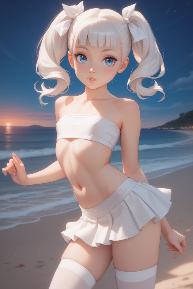 (masterpiece, best quality:1.2), intricate details, (nahida), 1 girl, (white bikini:1.2), simple bikini, hair ornament, ponytail, (black_tattoo:1.2), (white hair, lolita), (small breasts:1.2) , (wide hips, sexy:1.2) , (beach_background:1.3), (outdoor), (priestess), (blue eyes:1.2), (eye glow:1.4) , (wet:1.2), cowboy shot,