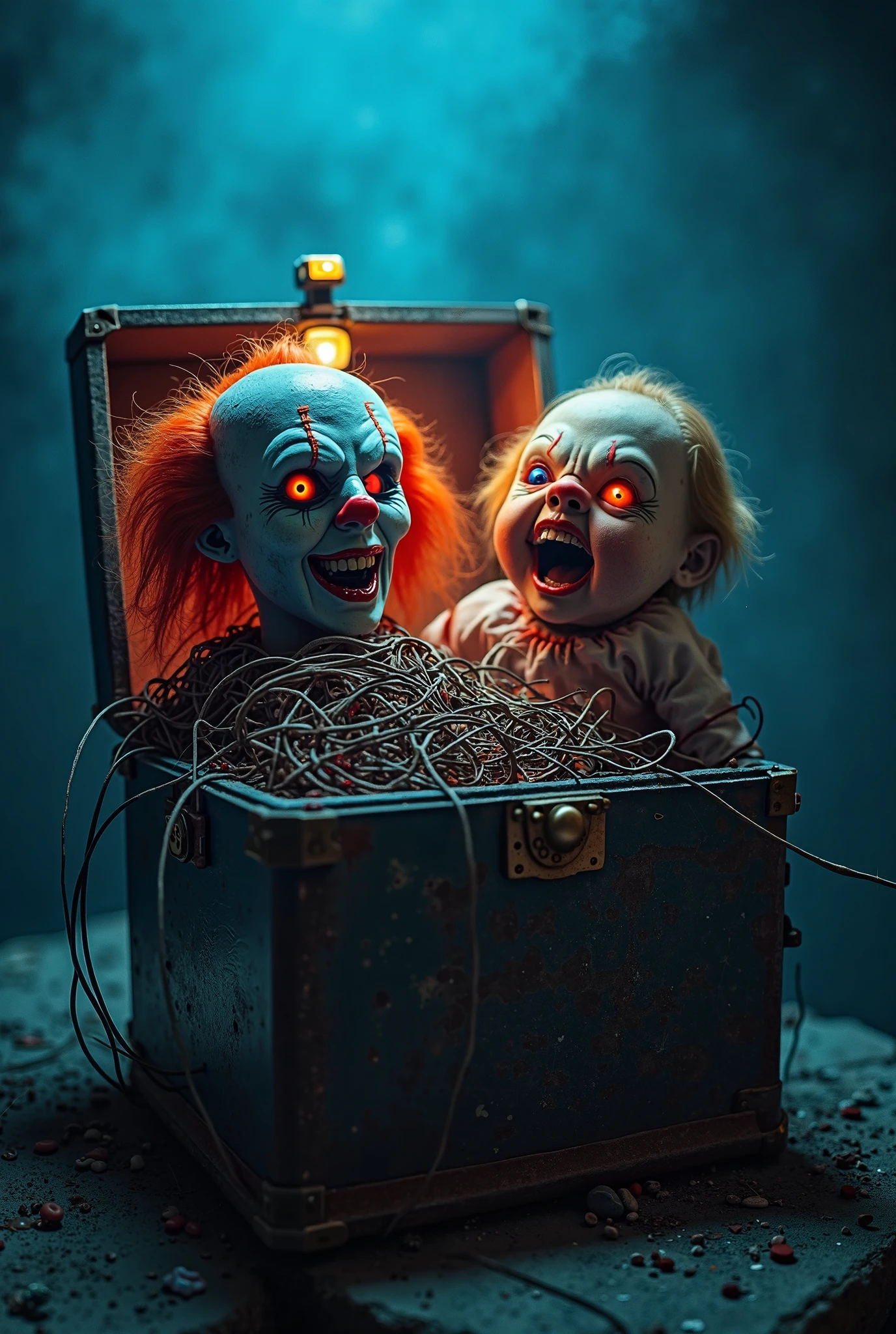 Baby playing next to dead woman's body,flashlight light, sharp teeth, terror,horror,dark tones,morbid aspects, dark atmosphere, blood, 90's