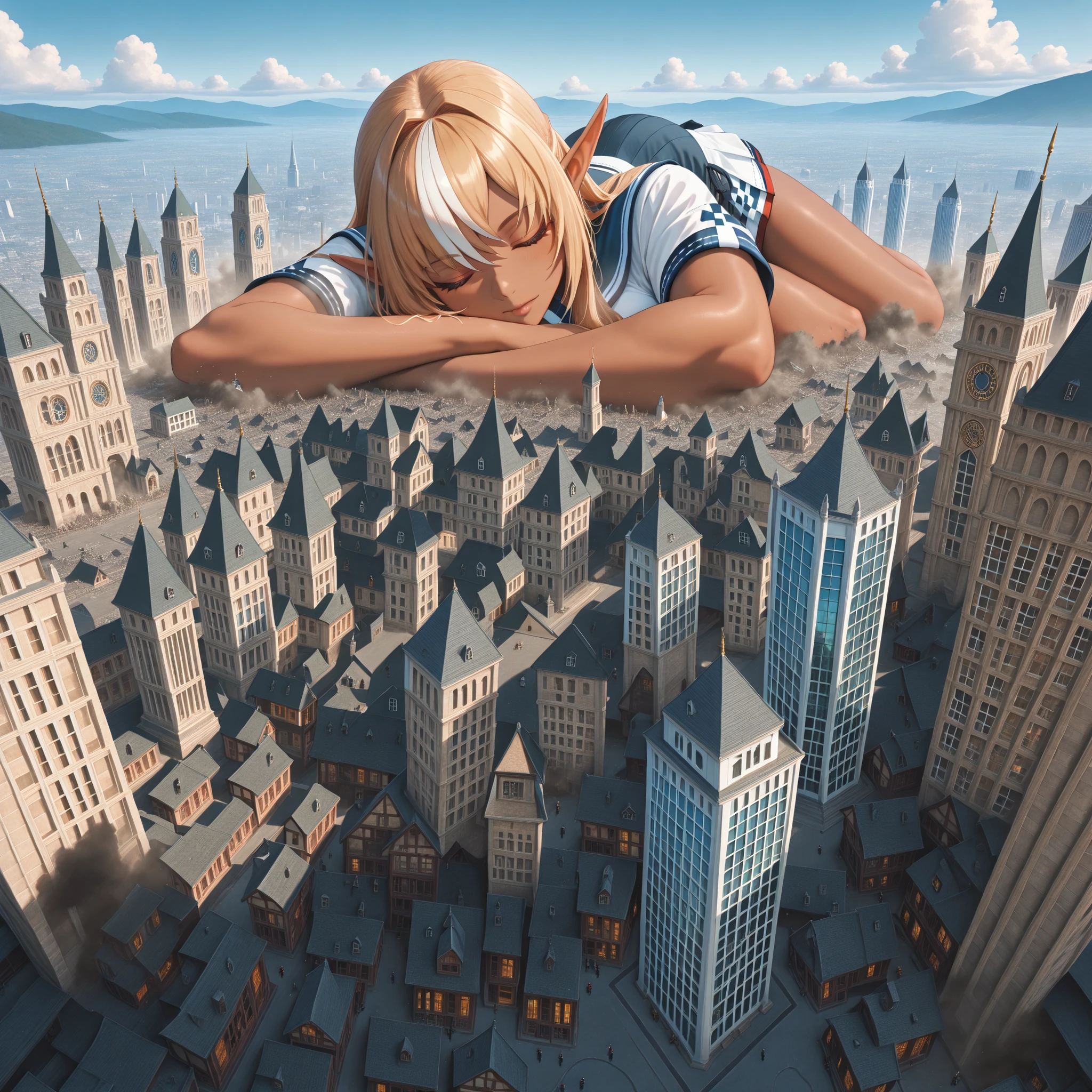 masterpiece, best quality, great quality, very detailed,"Shiranui Flare " are sleeping in each other's arms, The gigantic "Shiranui Flare" towering higher than any building, Miniature cities, ruined miniature cities,Densely packed buildings,
Clearly visible nasal cavity, Destroying buildings: "Shiranui Flare"