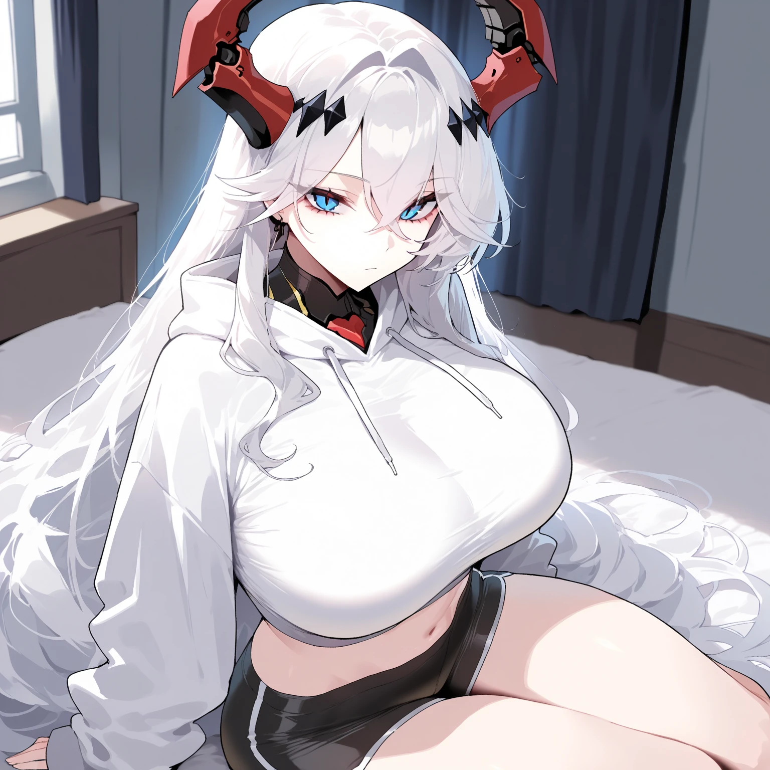 (masterpiece:1.1), (best quality:1.1), 1girl, Real light and shadow, anime face, 4k, 8k, wallpaper,epic, detail texture, <lora:Priscilla:1>, priscilla, 1girl, black dress, black hairband, blush, bodystocking, cleavage, closed mouth, covered nipples, detached sleeves, gradient background, hair intakes, hairband, long hair, looking at viewer, medium breasts, midriff, pantyhose, priscilla, red background, red eyes, shirt, simple background, single horn, solo, underboob, white hair, knees up, holding own knees