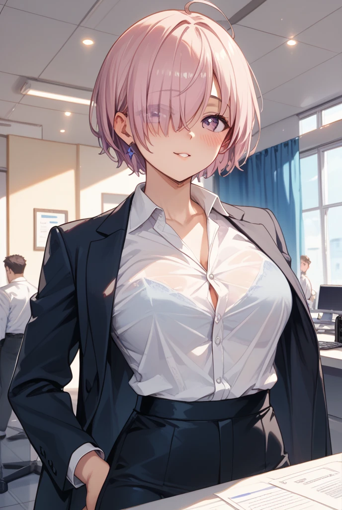 mashkyrielight, mash kyrielight, glasses, hair between eyes, hair over one eye, (purple eyes:1.1), pink hair, short hair,
BREAK hood, shirt, collared shirt, white collar, black shirt, necktie, red necktie, 
BREAK looking at viewer,
BREAK indoors, classroom,
BREAK (masterpiece:1.2), best quality, high resolution, unity 8k wallpaper, (illustration:0.8), (beautiful detailed eyes:1.6), extremely detailed face, perfect lighting, extremely detailed CG, (perfect hands, perfect anatomy),