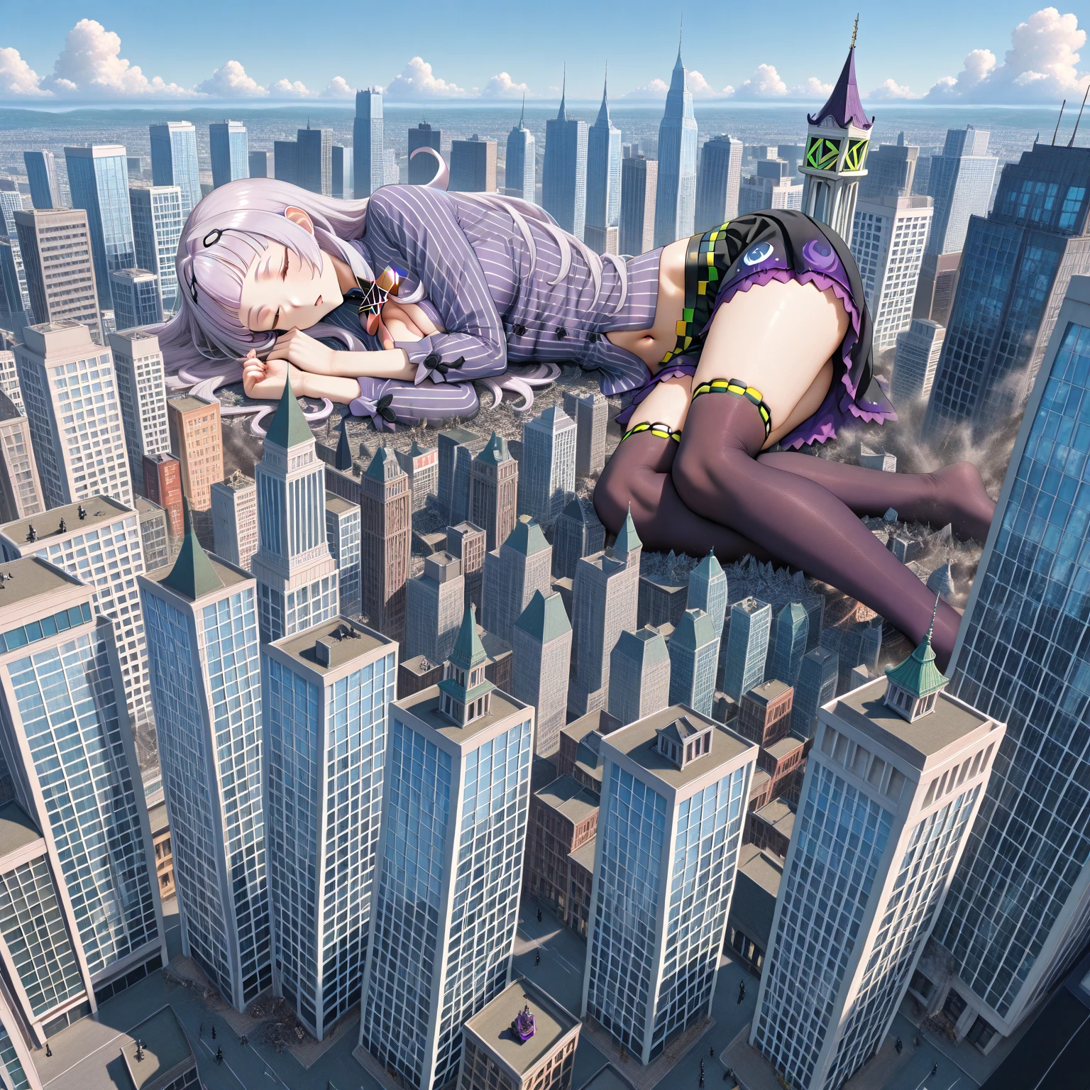 official art, masterpiece, sharp focus, (beautiful gorgeous cute Korean woman:1.3), (beautiful cute korean:1.3), korean beauty, Delicate and beautiful hair and eyes and face, realistic, ultra detailed, beautiful girl, blue sky, glow white particle, (sidelighting:1.2), sun light, white cloud, detailed clouds, slender, Lovely very large breasts and very large hips, smile with teeth, ((smile with eyes, open both eyes)), scenery, long straight hair, sexy facial expression, building, (cityscape:1.7), dynamic hair, long straight hair, detailed platinum pink hair, glow blue eyes, (blue pleated shirts + white skirt), white long socks, pale skin, hair ornament, epic scenery,