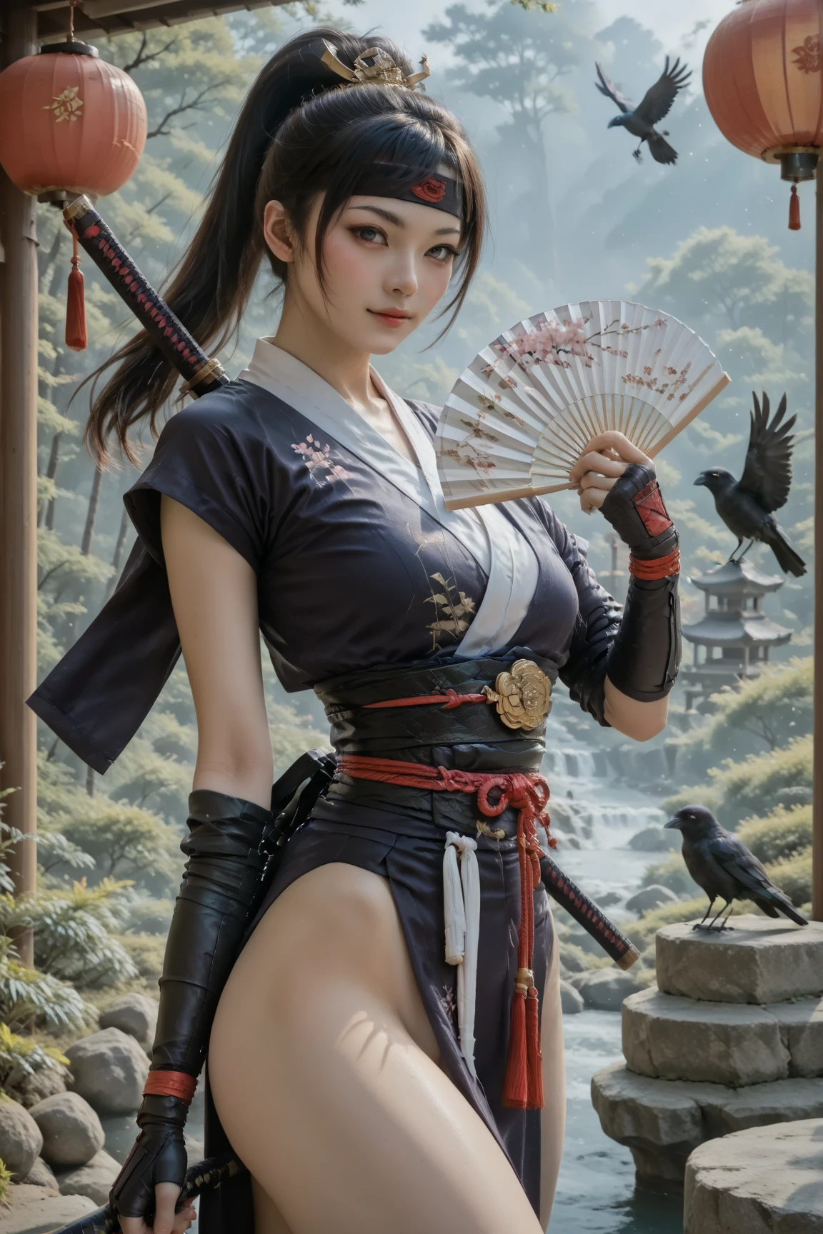 yor briar(spy family), anime style beutiful woman, 1girl, happy, smile, red face, closed mouth, beautiful detailed eyes, super detailed skin, backlighting, bare shoulders, black background, black dress, black gloves, black hair, breasts, dress, earrings, fingerless gloves, floating hair, floral print, flower, gloves, gold earrings, gold hairband, hair flower, hair ornament, hairband, holding, holding weapon, jewelry, large breasts, long hair, looking at viewer, off-shoulder dress, off shoulder,red eyes, short hair with long locks, sidelocks, solo, spikes, thighs, two-sided dress, two-sided fabric, weapon, fighting stance , face, close up, from above, highest quality, high resolution.