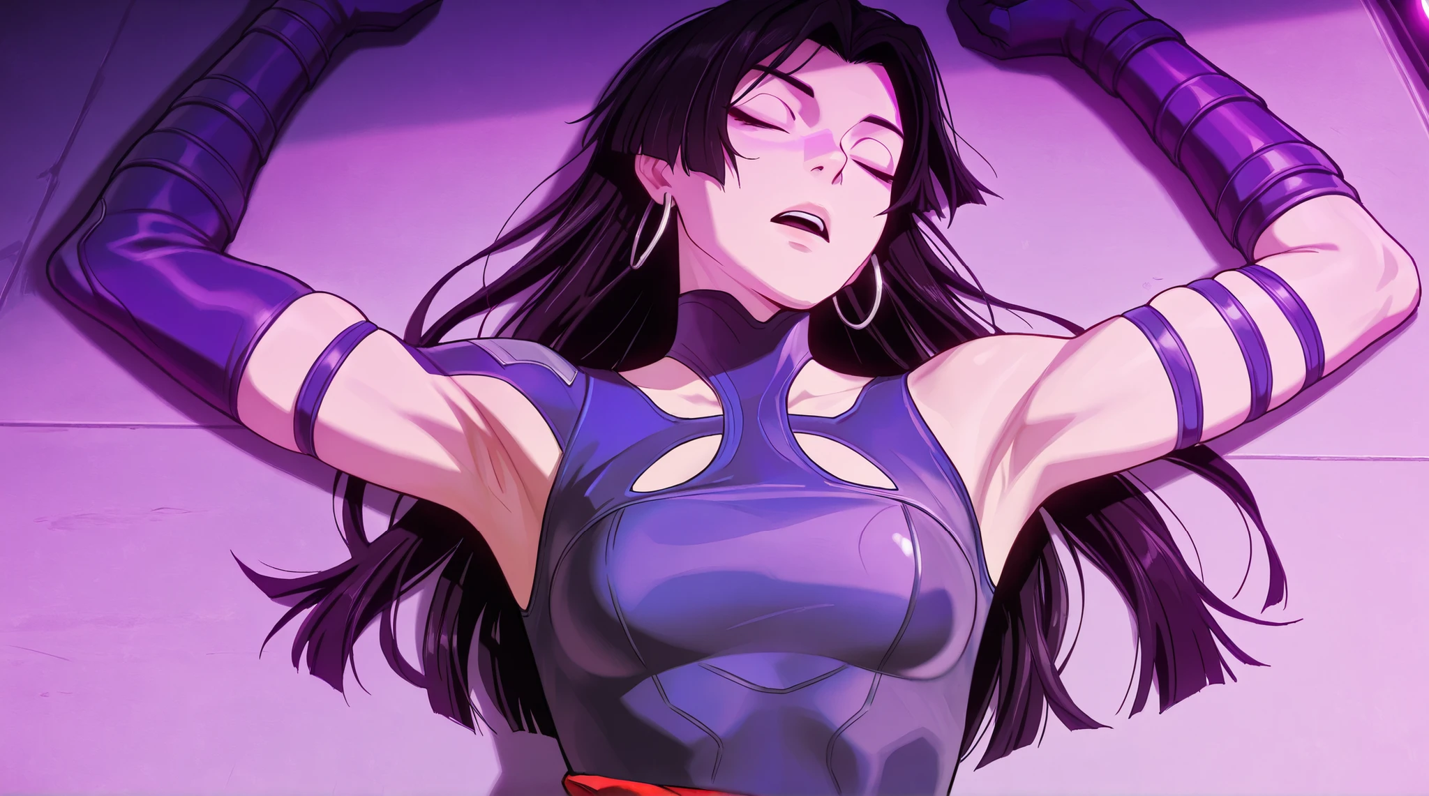 masterpiece, best quality, amazing quality, anime screencap, anime coloring, 1girl, solo, psylocke_vengeance, blue eyes, black hair, straight hair, long hair, hoop earrings, jewelry, purple leotard, clothing cutout, purple gloves, elbow gloves, Raise arms straight up over head, armpit, head towards viewer, front light, skindentation, armpit focus, hurt face, closed eyes, half open mouth, Lie on the floor, simple background, cutout, exposed armpit, faint, she lay unconscious, mouth slightly open, lights off, night time
