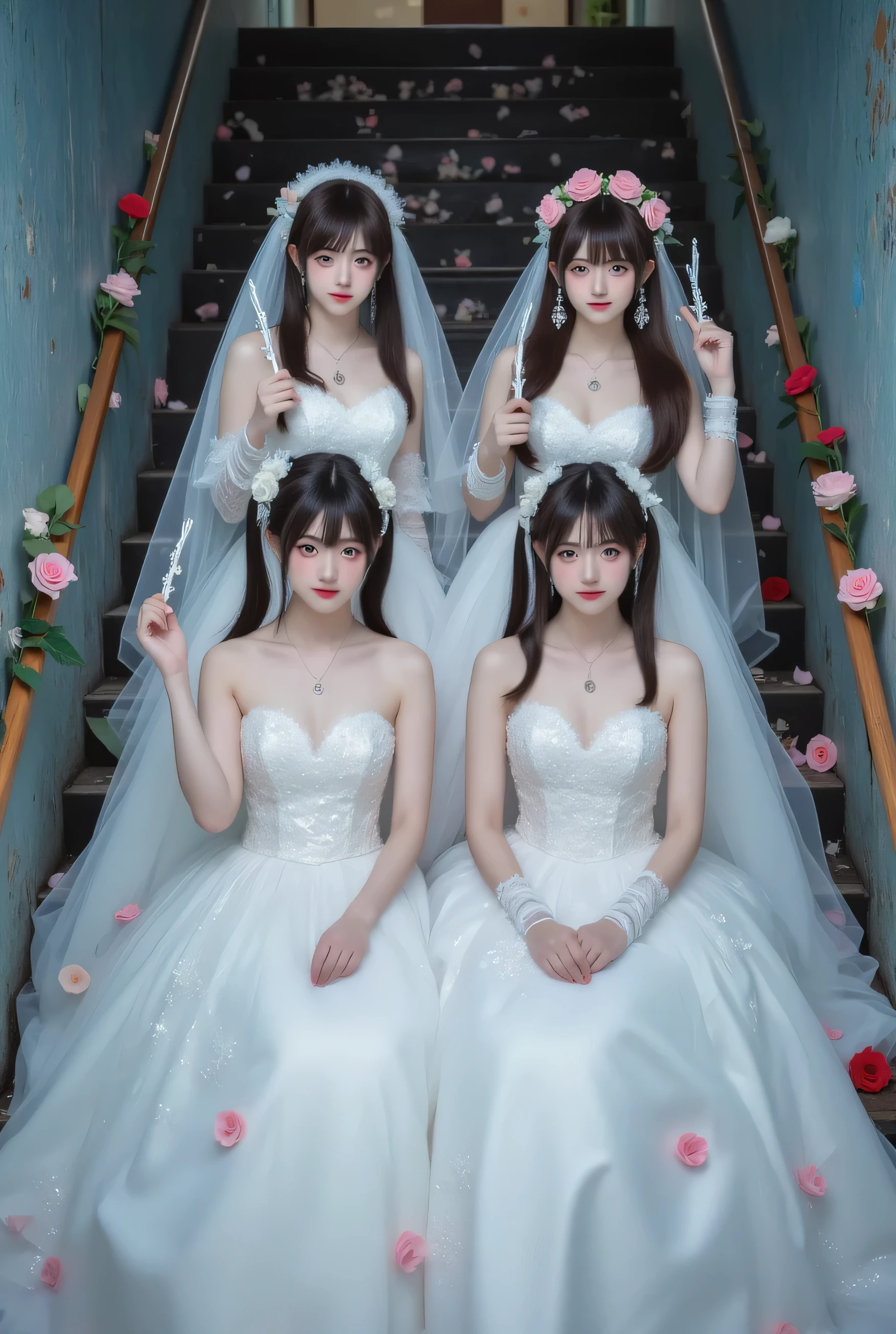 Japanese Idol,4girls,Take a front wedding photo,( Two girls sitting in the front row:1.6),(Two girls standing in the front row behind:1.6),Eighteen-year-old women in white wedding dresses sitting one after another in a seat,Eighteen-year-old woman in white wedding dress holding magic wand,high school girl,keep long hair,Dark Hair,(long ponytail:1.5),(Double bun:1.5),(large breasts:1.3),huge boobs,tube top wedding dress,Deep v Wedding Dress,Lace Wedding Dress,(((Strapless))),(bridal veil:1.5),bridal veil,White Dress,wedding gloves,Lace Elbow Gloves,(necklace, Earrings,Flower head:1.5),,On the abandoned building staircase,There are roses on the stairs,Late Night,full body photo,Shoot down