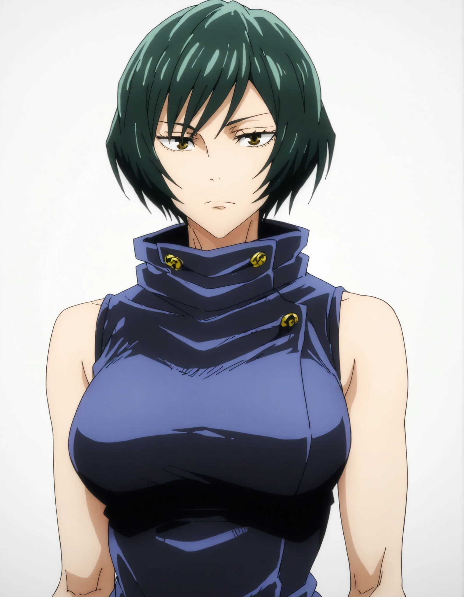 1girl ,mai zenin, short hair, sleeveless ,green hair ,looking at viewer ,glossy lips ,posing ,breasts , jk_outfit ,black clothes, sleeveless , turtleneck, baggy pants ,white background ,simple background, white background, anime coloring, anime screencap, masterpiece, best quality, amazing quality, intricate details, ,(upper body), (aged up:1.5), ,toned body:0.3,