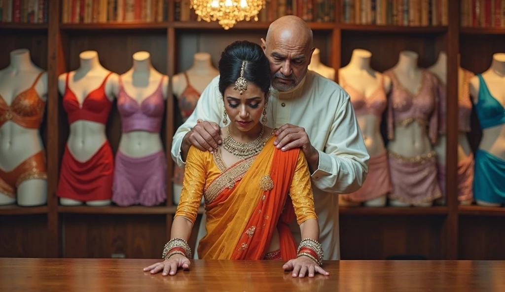 35mm film photography, A middle-aged Caucasian man with short dark hair tenderly embracing and kissing a young, curvaceous South Indian bride dressed in a traditional Indian dawani in a comfortable living room. A group of three Caucasian men observing the couple., high detail, split gradient colors background, full body image