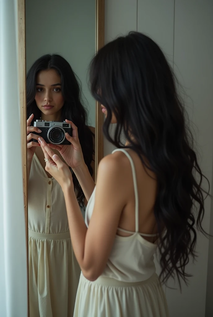 A woman taking a photo, smile, Happy, Long hair that goes up to the buttocks, Straight hair, Detailed skin, Daytime, Hot summer day, Natural light, Detailed face:1.2, Sharp focus, Hasselblad Photos, Tabletop, light makeup, Cinema Lighting, 4K, Highest quality、Beautiful Hair