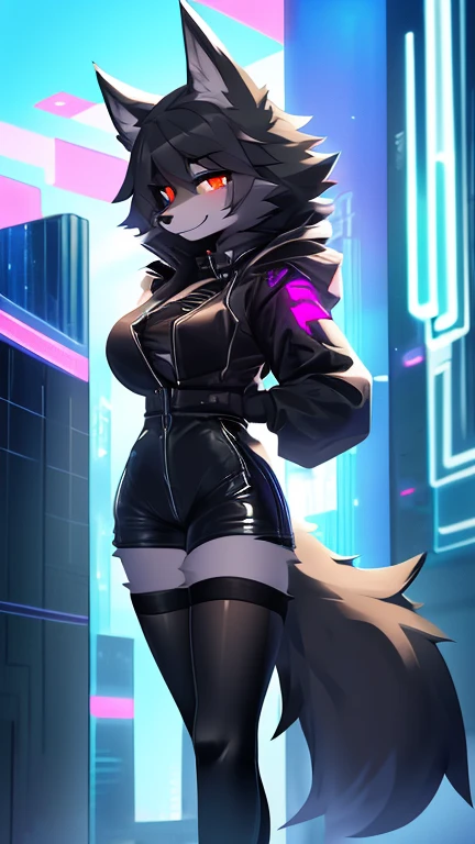 ((masterpiece, best quality)), (anthro furry:1.3, snout:1.2, anthro:1.3, furry:1.2, solo male:1.2, smug smile), Furry, kemono, furry wolf, anthropomorphic, male, silver fur, silver skin, red eyes, femboy, cyberpunk clothes, sexy clothes, revealing clothes, ((blue clothing)), cyberpunk theme, uploaded on e621, Cyberpunk technology. cybernetics,
