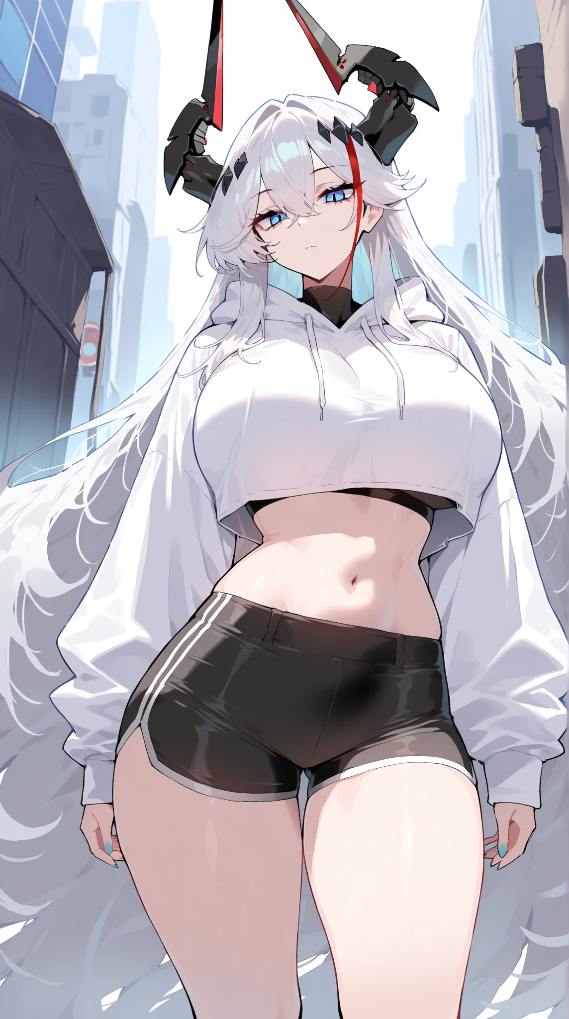 1girl, {Solitary}, Upper Body ,{{ {Watching at viewer}}}, Arms at your sides, Concept Art, white Background, simple Background, White hair, Silver gradient hair , Composite cloth, Asymmetrical clothes, Virtual YouTuber, best quality, masterpiece, Dynamic Angle, , cowboy_shooting, Watching_Back, grab, girl,Miss,woman, young,20 years old, Very long hair, Hair Flip, Silver Hair, Flowing hair, Ahog, giggle, Beautiful and delicate golden eyes, teeth, Large Breasts, Blonde eyes, White skin, hoodie, Black_shorts, Gray clothes, transparent_Background, Backlighting, absurd, high resolution, Extremely detailed,sweater,No pants