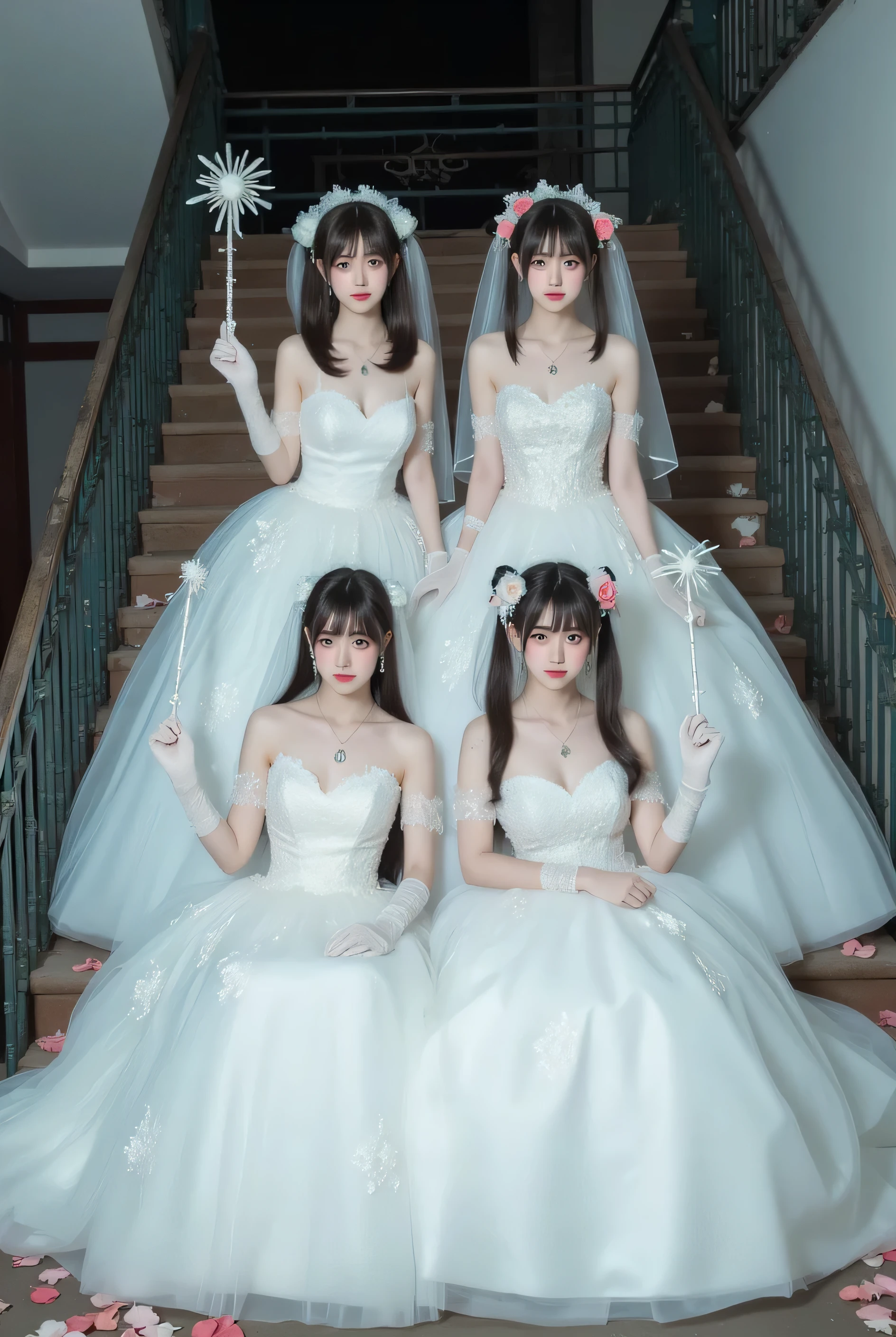 Japanese Idol,4girls,Take a front wedding photo,( Two girls sitting in the front row:1.6),(Two girls standing in the front row behind:1.6),Eighteen-year-old women in white wedding dresses sitting one after another in a seat,Eighteen-year-old woman in white wedding dress holding magic wand,high school girl,keep long hair,Dark Hair,(long ponytail:1.5),(Double bun:1.5),(large breasts:1.3),huge boobs,tube top wedding dress,Deep v Wedding Dress,Lace Wedding Dress,(((Strapless))),(bridal veil:1.5),bridal veil,White Dress,wedding gloves,Lace Elbow Gloves,(necklace, Earrings,Flower head:1.5),,On the abandoned building staircase,There are roses on the stairs,Late Night,full body photo,Shoot down