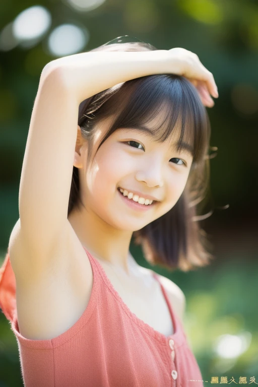 (perfect Ratio Face, Balanced eyes), double eyelid,japanese girl,12yr,round face, Beautiful nasal muscles lipgloss,Balanced style,shorthair with bangs,smile,small & flat chest,onepiece dress,playing on avenue