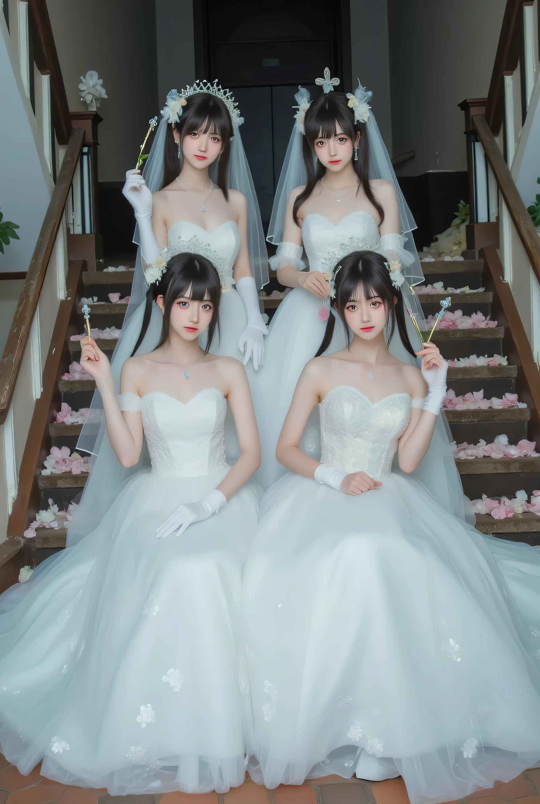 Japanese Idol，4girls,Take a front wedding photo,（ Two girls sitting in the front row：1.6），（Two girls standing in the front row behind：1.6），Eighteen-year-old women in white wedding dresses sitting one after another in a seat，Eighteen-year-old woman in white wedding dress holding magic wand，high school girl，keep long hair,Dark Hair，（long ponytail：1.5）,(Double bun:1.5),(large breasts:1.3),huge boobs，tube top wedding dress，Deep v Wedding Dress，Lace Wedding Dress，(((Strapless)))，（bridal veil：1.5）,bridal veil,White Dress,wedding gloves，Lace Elbow Gloves，(necklace, Earrings，Flower head:1.5)，，On the abandoned building staircase，There are roses on the stairs，Late Night，full body photo，Shoot down