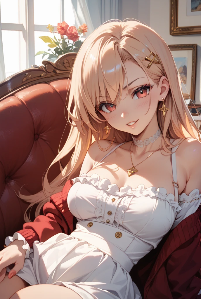 masterpiece, best quality, highres, aoki1, brown eyes, freckles, bra, thong, indoors, chair, sitting, crossed legs, evil smile, crossed arms,
