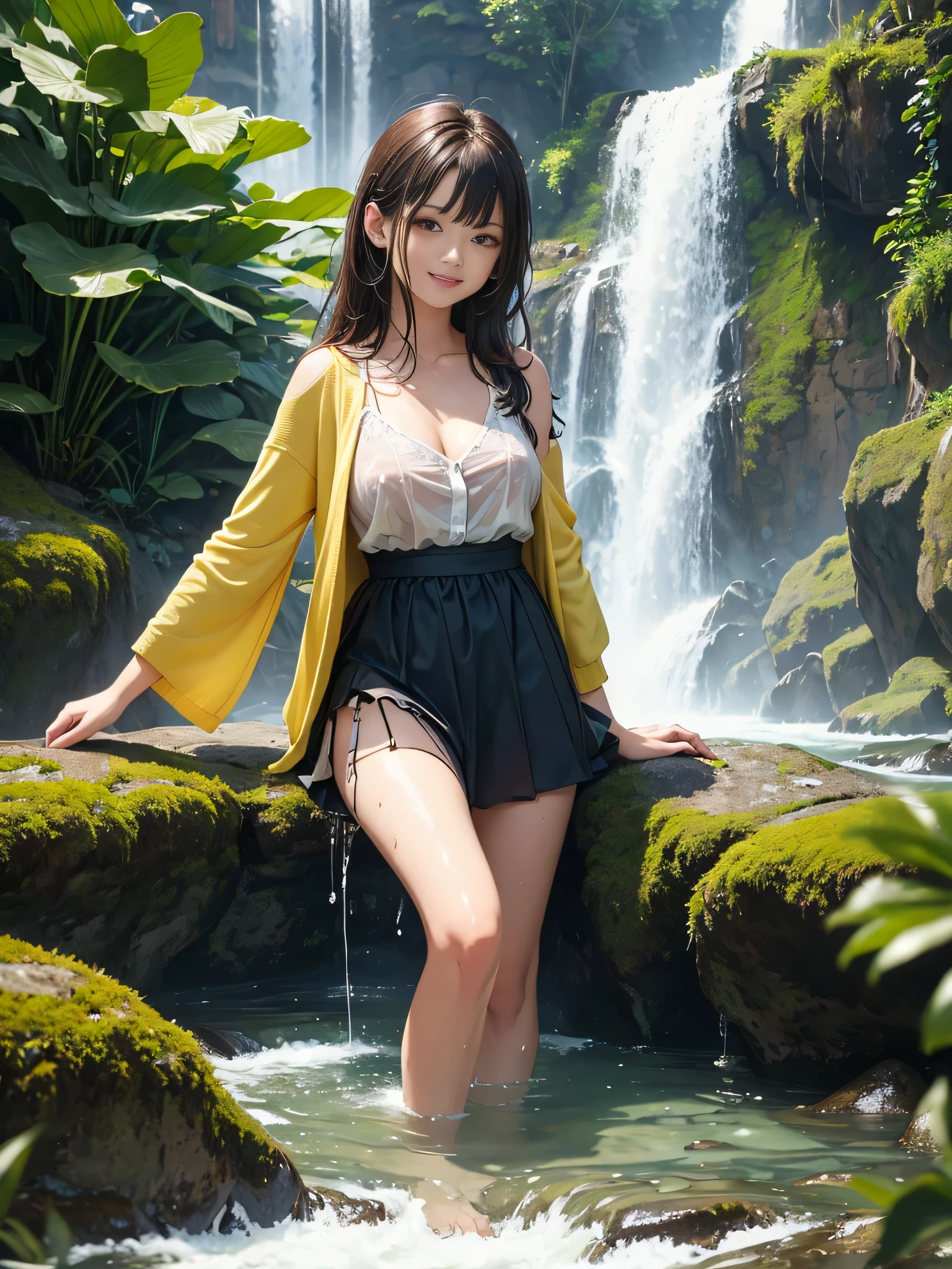 A young woman sat on top of a camp in the jungle. It was a rainy day. She was wearing a sexy short dress. Her hips were bad. She kept liquor bottles nearby. It was evening time.
