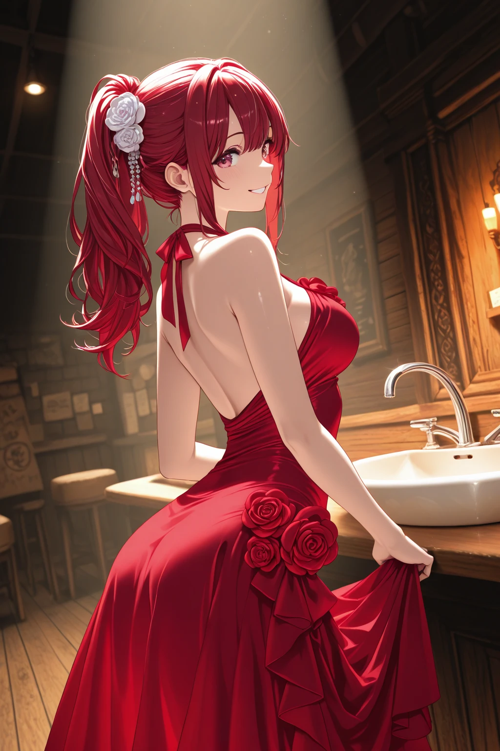 DSLR, f/2.8, Lens flare, 5D, 16k, Super-resolution . estilo realista, chave visual, vibrante, realistic studio, altamente detalhado A surprised whimsical girl clutched in red towel standing in a vintage bathroom, Anatomies perfect, ,DSLR, f/2.8, Lens flare, 5D, 16k, Super-resolution . estilo realista, chave visual, vibrante, realistic studio,,altamente detalhado, 3D graphic model, renderizar, arte em quadrinhos, graphic novel art, vibrante, design detalhado de personagens